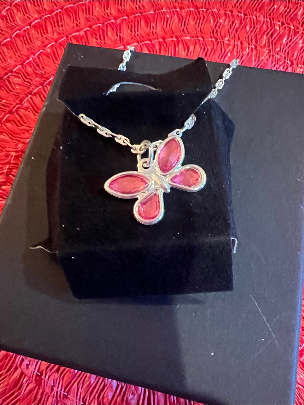 Silver Butterfly Pendant Necklace with Pink Accents - Women Jewelry